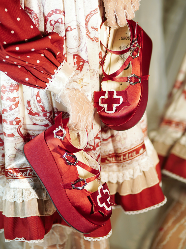 Absatz 6cm Rote Schuhe Riemen Gothic Balletcore Criss-cross Schnalle Chunky Plateau Satin