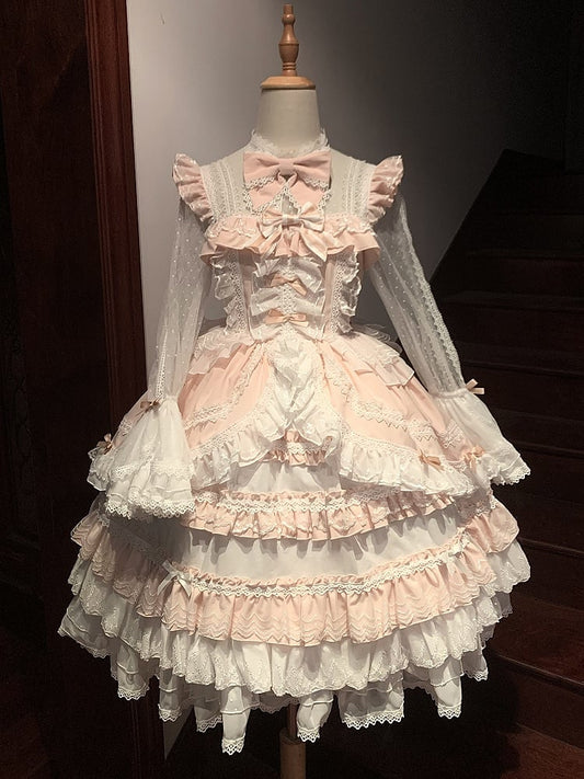 Piece Pink Bowknots Skirt Hime Lolita Dress Sweet Bell Sleeves Layered Bodice on One