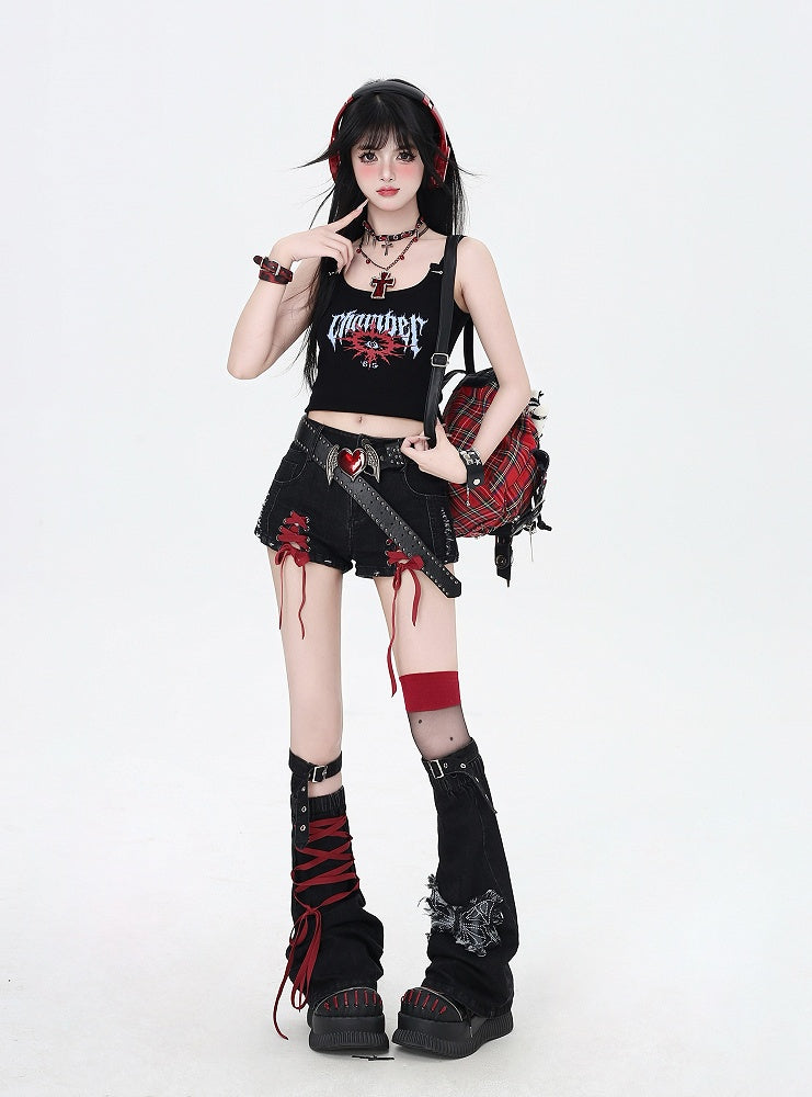 Lace-up Details with Red Leg Black Warmers and Butterfly Hem Denim Shorts Applique