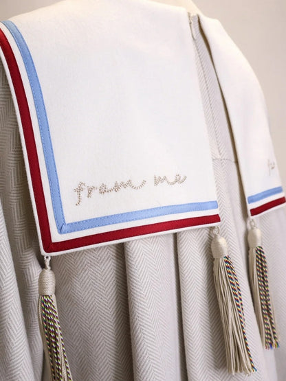 Beige Ouji Sailor Theme Lighthouse Embroidery Sailor Collar Top with Contrast Trim