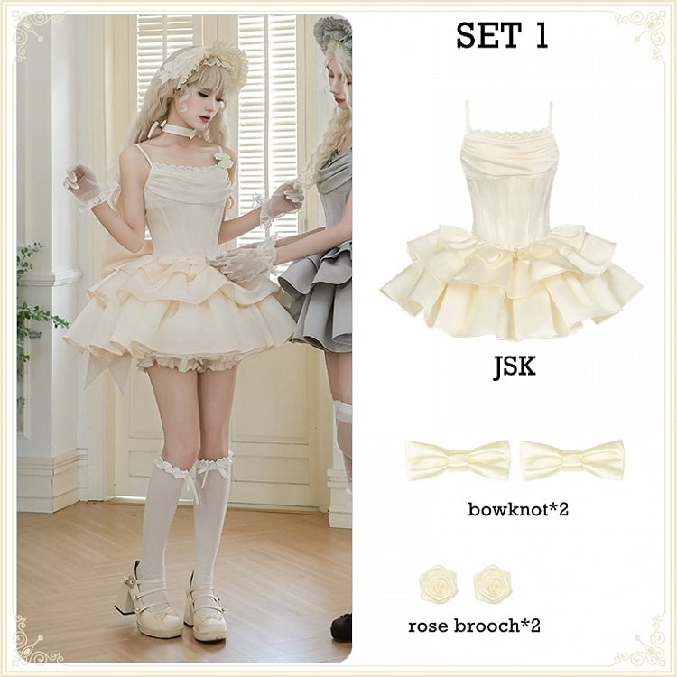Dress Lolita Beige Waist JSK Boned Cowl Neckline Set Spaghetti Straps Full Elegant