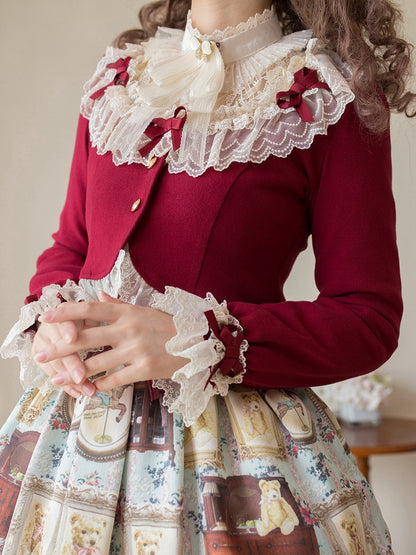 Christmas Lace Bow-Detailed Cropped Vibes Cardigan Red