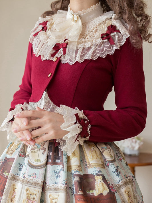 Christmas Lace Bow-Detailed Cropped Vibes Cardigan Red