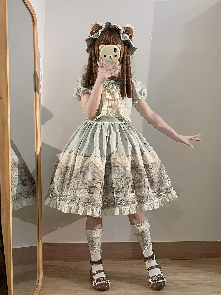 Green Sweet Teddy Lolita Dress Fake Two-pieces Design