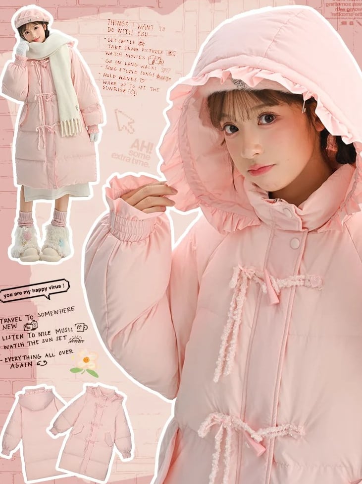 Pink Hooded Down Bowknot Horn Shaped Button Coat