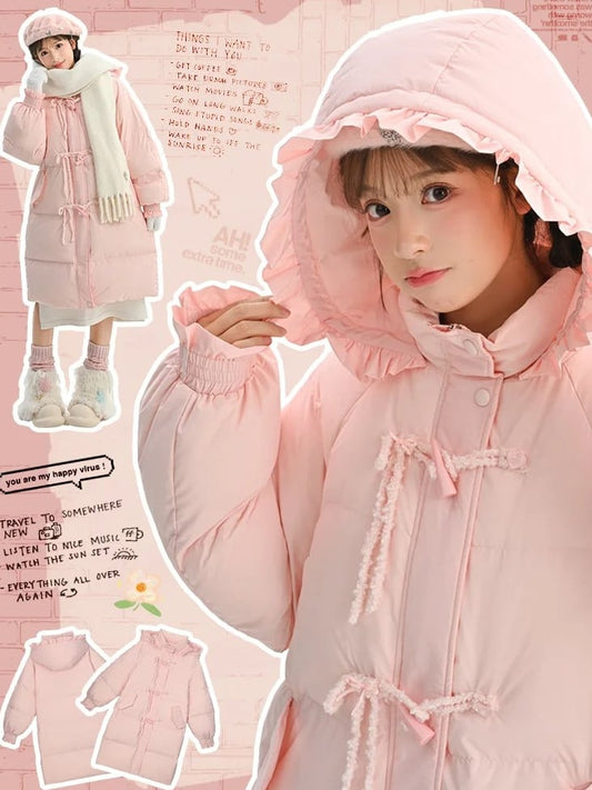 Pink Hooded Down Bowknot Horn Shaped Button Coat