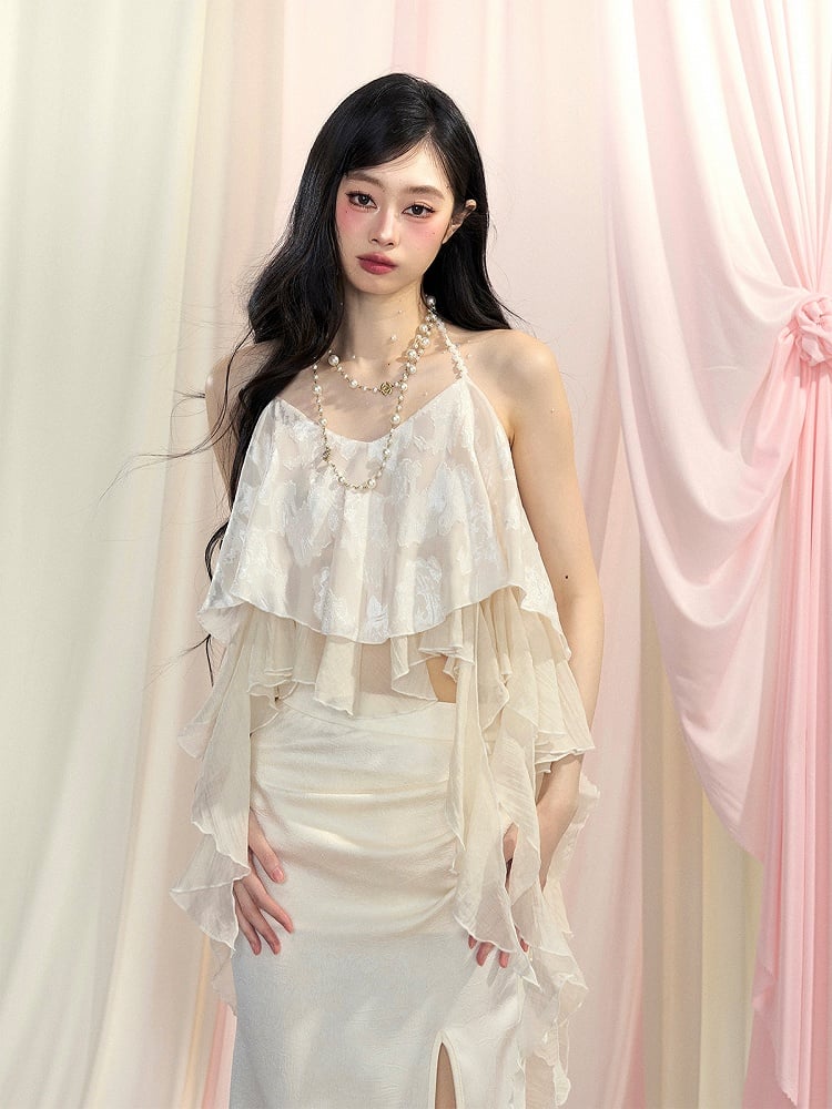 Top/Thigh-high Slit Skirt Apricot Asymmetrical Flounce Hem Halter Neck Chiffon