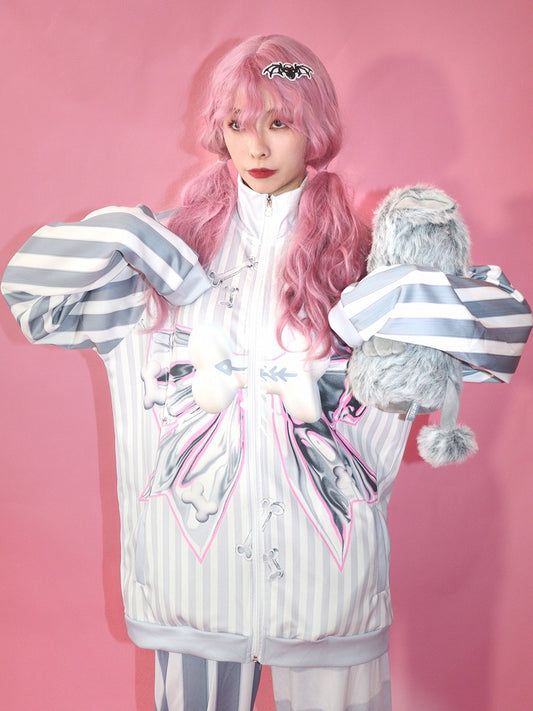 Modedruck Gestreifte Große Graue Jacke Schleifenmuster Gyaru Bone