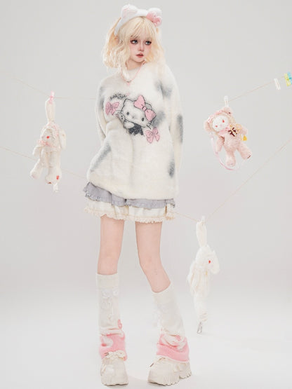 Milk White Kitty Graphic Distress Trim Loose Sweater