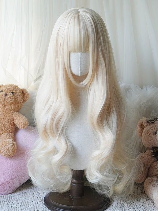 Perruque ondulée blonde/caramel/orange/blond clair, longueur mi-longue, avec frange complète