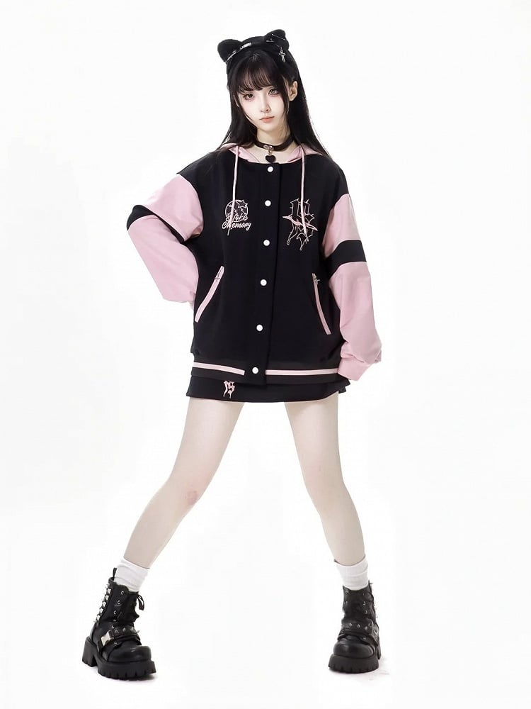 Schwarze und rosa Baseballjacke mit Kapuze, kurze/lange Version