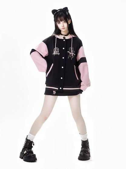 Schwarze und rosa Baseballjacke mit Kapuze, kurze/lange Version