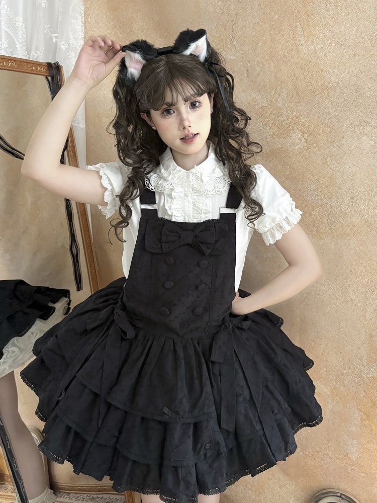 Black Ruffle Sweet Lolita Buttons with Overall Dress Layered Double-Breasted