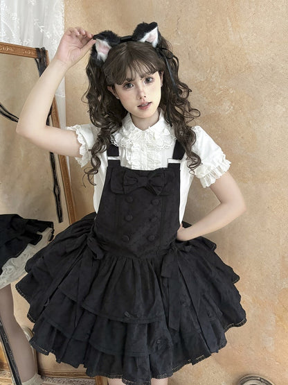 Black Ruffle Sweet Lolita Buttons with Overall Dress Layered Double-Breasted
