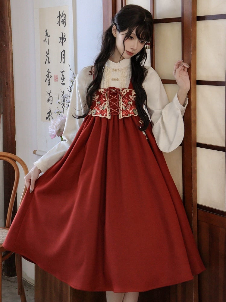 Red New Year Long Version Butterfly and Floral Lolita Skirt Full Set