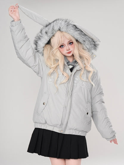 Grey/Apricot Letters Print Bunny Ears Hooded Thick Jacket Detachable Hood