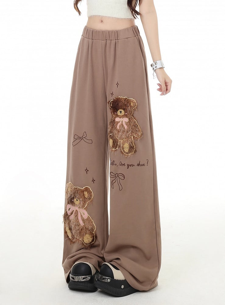 Coffee/Gray Plush Teddy Bear Applique Straight-Leg Pants