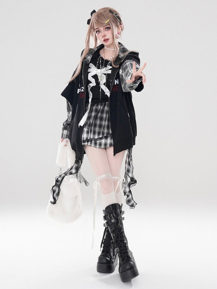 Plaid Patchwork Hoodie Schwarz Ärmel Weiß