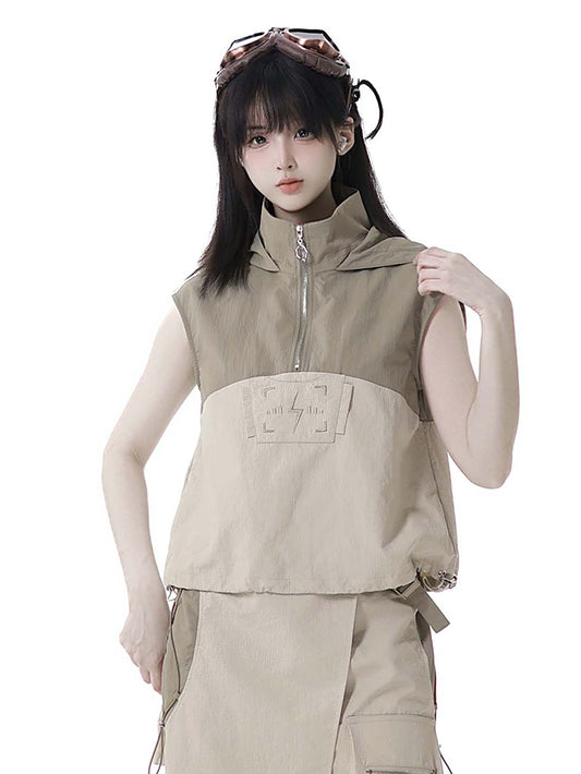 Khaki Colorblock Design Drawstring Hem Techwear Hooded Tank Top