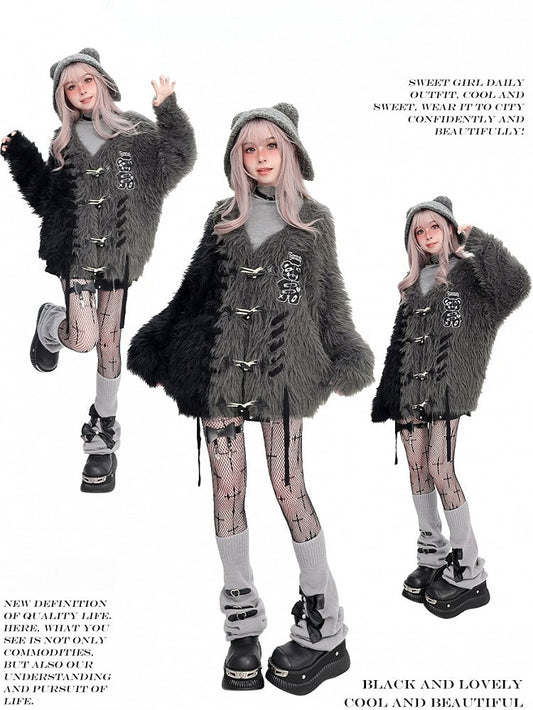 Black and Grey Colorblock Punk Bear Apllique Loose Cardigan