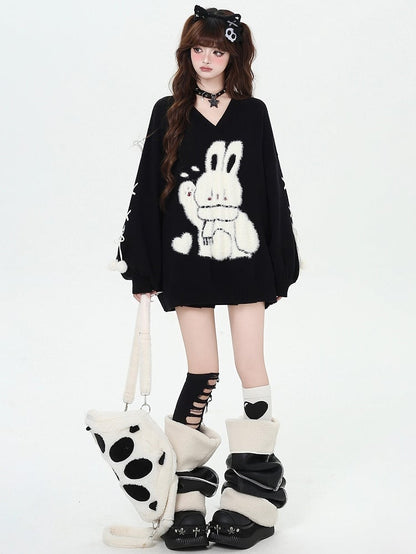 Black Cute Bunny V-neck Loose Sweater Lace-up Detail at Sleeves