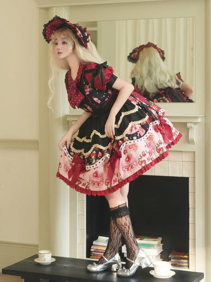 Strawberry Print Black and Red Sweet Polka-dots Peter Pan Collar Lolita Dress