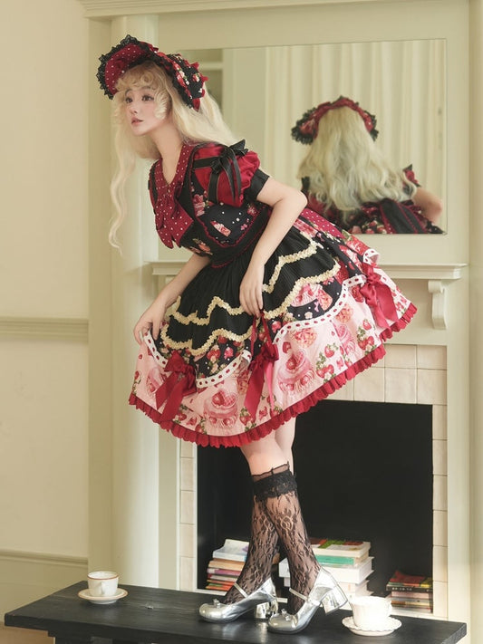 Ensemble complet Lolita une pièce à imprimé fraise noir et rouge avec col Peter Pan