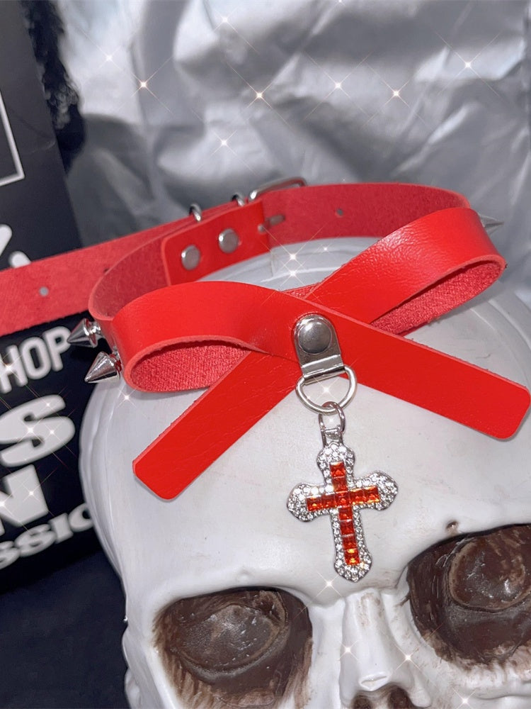 Red Bowknot Detail Punk Choker with Cross Pendant