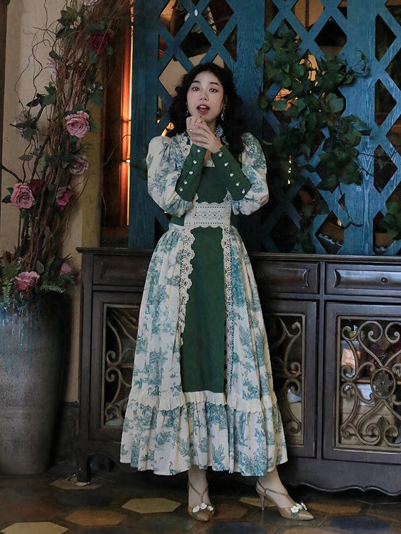 Robe vintage vert foncé à encolure carrée et manches gigot en dentelle florale
