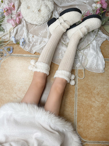 Lolita Pompons Cotton Stockings with Fleece Cuff