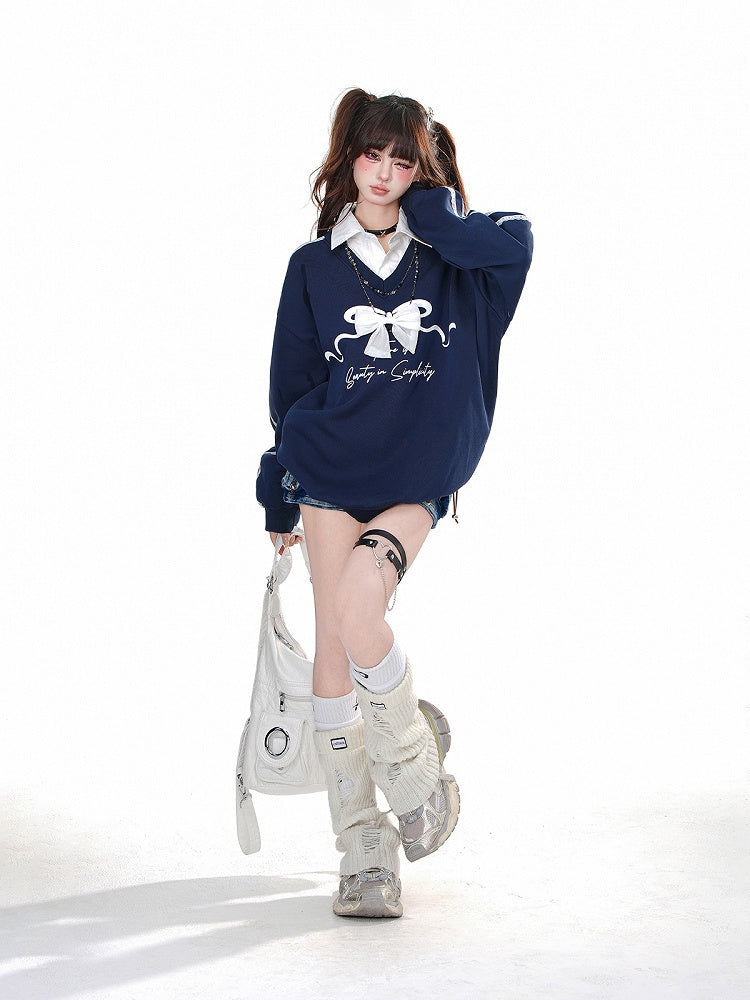 Navy Blue Polo Collar Faux Two-pieces Sweatshirt with Detachable Bow