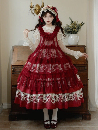 Klassisches Lolita-Teekannenrock-Print in Rot mit gestuftem Rosen-Blumenmuster und Pulloverkleid