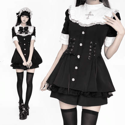 with Style Short Jirai - Sleeve and Bib Kei White Dress Tie Set Black Nun Bow