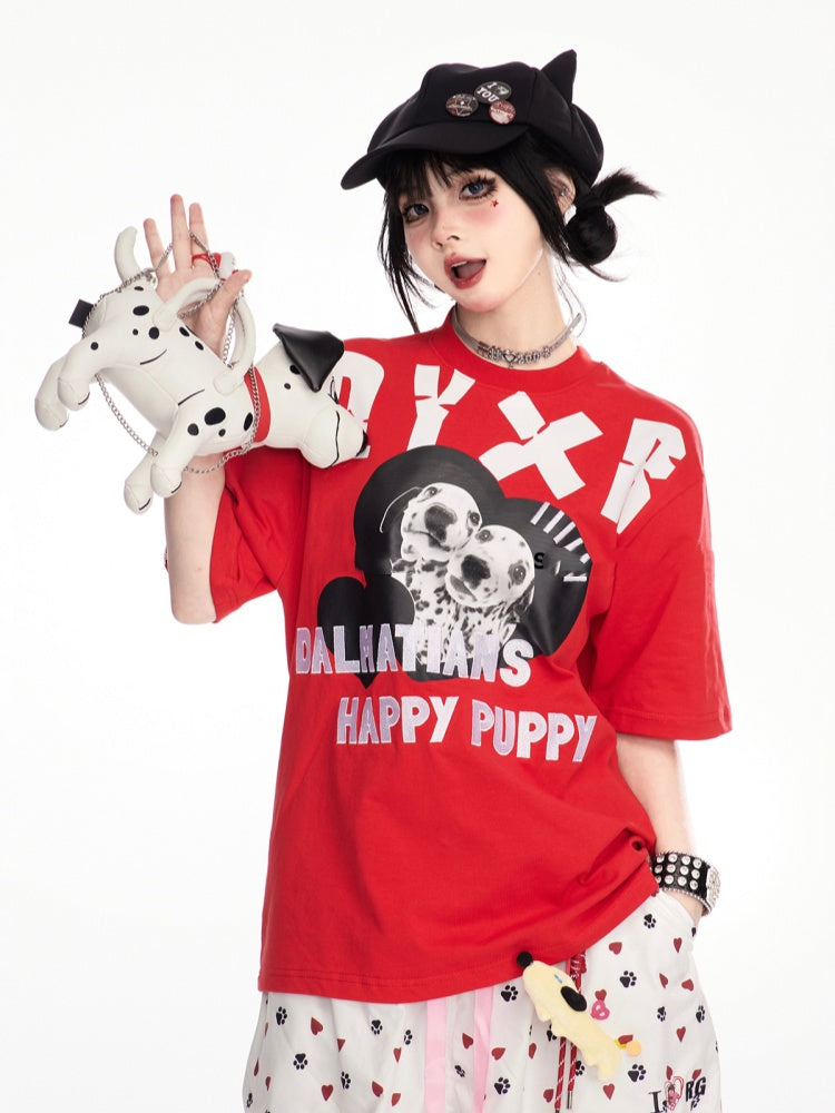 Red Crew Neck Dalmatian Print Vintage T-Shirt
