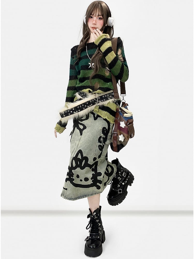 Pattern Y2K Green Cut-out Neckline Details Asymmetrical Sweater Striped