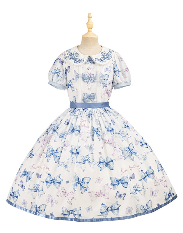 Robe Lolita bleue à col Peter Pan et nœud papillon, une pièce