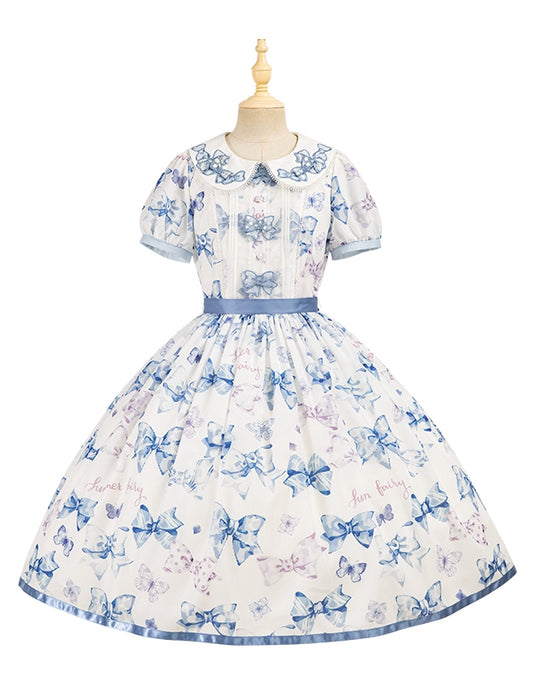 Robe Lolita bleue à col Peter Pan et nœud papillon, une pièce