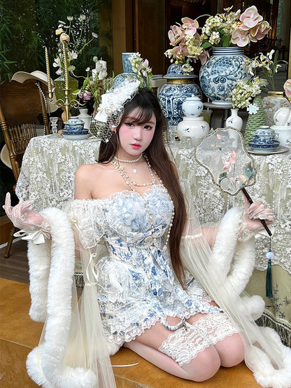 Porcelain + Corset Blue Neckline Rococo Outfit Chinoiserie White Skort Sweetheart and Top