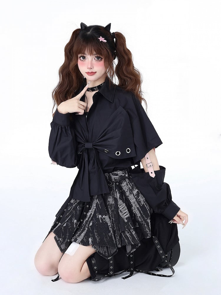 Skirt and Black Tie Hem Dye Handkerchief Gray