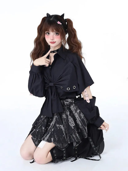 Dye Tie Skirt Hem Black Gray and Handkerchief