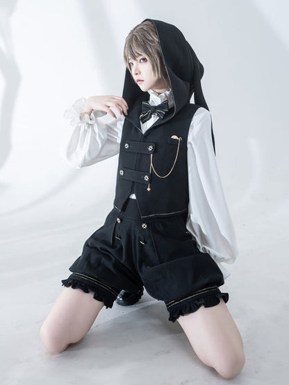 Black Oversized Bunny Ears Hooded Ouji Waistcoat