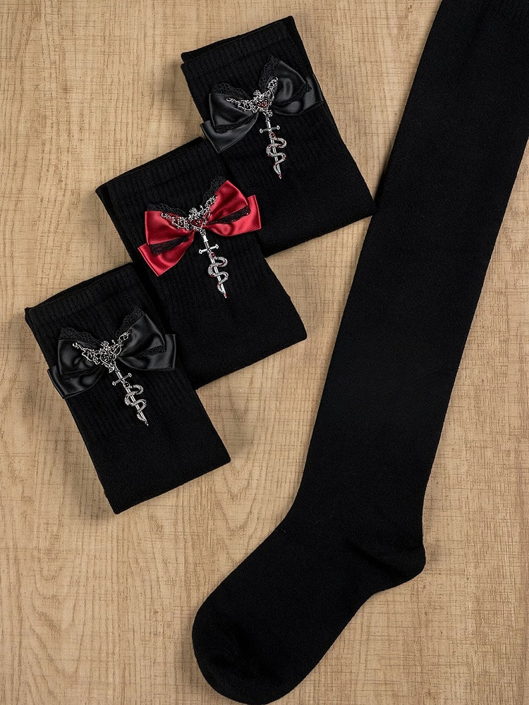 Jirai Kei Black&Red Metal SnakeEmbellished Bowknot Details Overknee Stockings