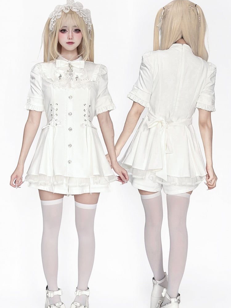 Bow Short Tie Bib Detachable Kei with Dress All-White Jirai Set Sleeve