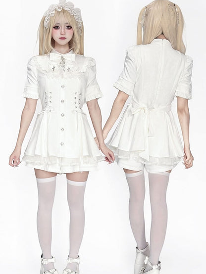 Bow Short Tie Bib Detachable Kei with Dress All-White Jirai Set Sleeve