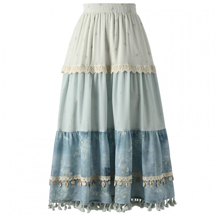 Dye Tie Blue Skirt Design Tassel Hem Shell Charm Patchwork Trim Lace