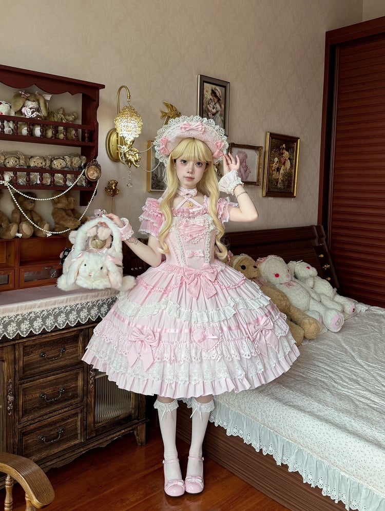 Pink and White Old School Lolita Dress Bows and Heart Shape Decoration Princess Lolita Jumper Skirt