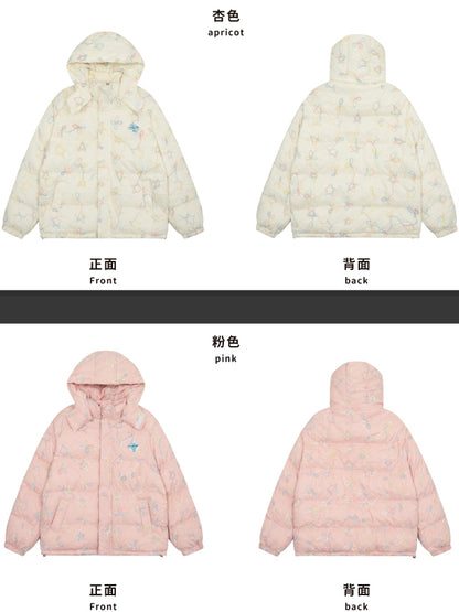Milk White/Pink Stars and Bows Hooded Thick Jacket