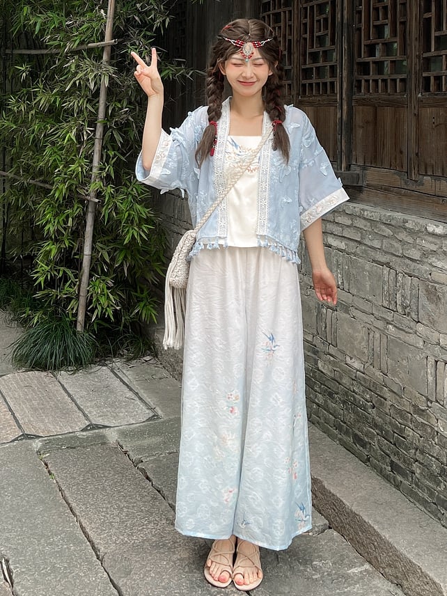 Print Leg Chiffon Gradient Blue Wide Floral Pants