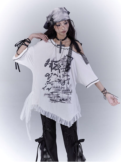 Graphic T-Shirt with Waist Hem White Asymmetrical Neckline Ruffle Strap Self-tie