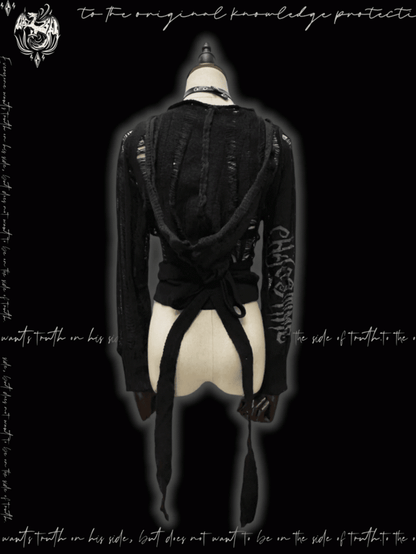 Strap Punk Black Distressed Holes with Hooded Cardigan Glamorous Self-tie
